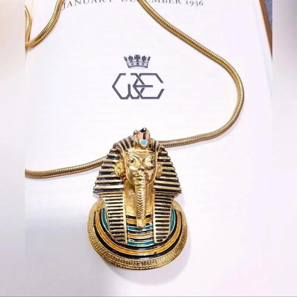 Rare Signed EISENBERG Vintage Egyptian Revival King Tut Pharaoh Pendant Necklace - Picture 2 of 5